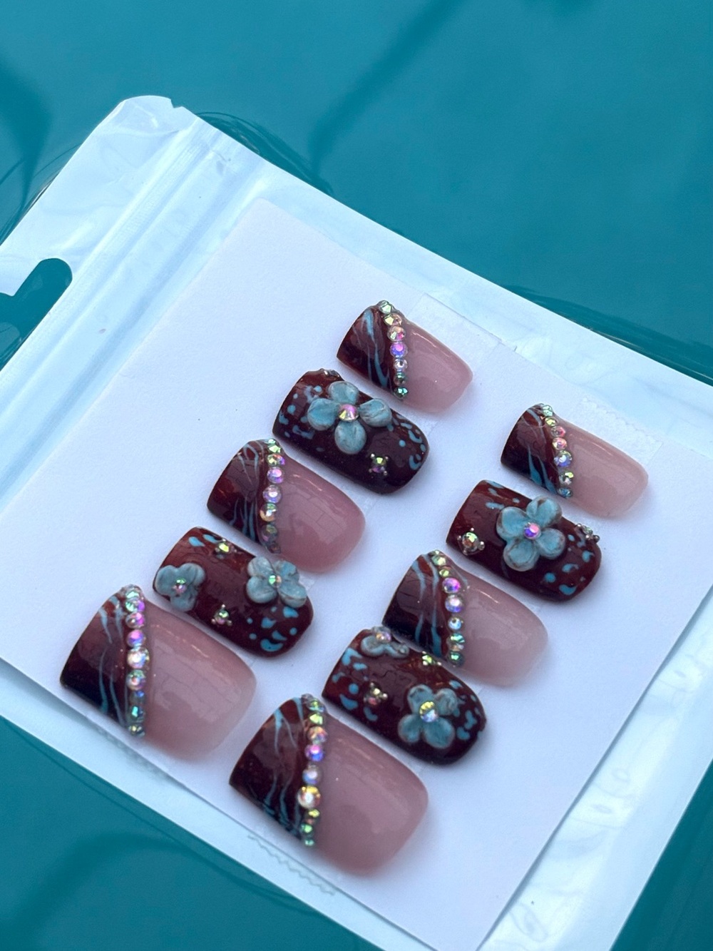 Handcrafted Blue & Brown Floral Rhinestone Press-On Nails